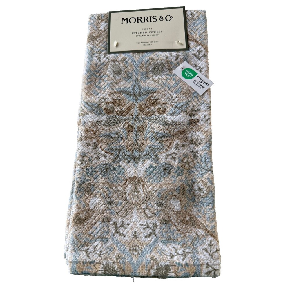 William Morris & Co Strawberry Thief Kitchen Dish Towels Cotton Set of 2 Blue